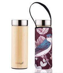 Bamboo double wall thermal tea flask + carry cover - stainless steel - 500 ml - Bluebird print