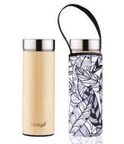 Bamboo double wall thermal tea flask + carry cover - stainless steel - 500 ml - Feather print