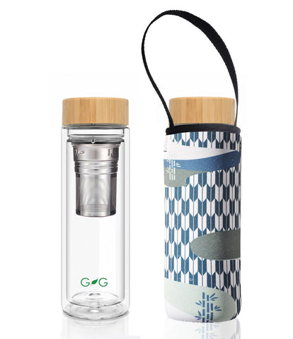 Greener double wall thermal tea flask + carry cover - 500 ml - Green tea print