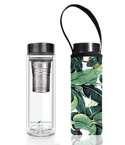 Glass is Greener double wall thermal tea flask + carry cover - 500 ml - Banana leaf print