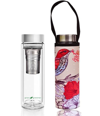 Glass is Greener double wall thermal tea flask + carry cover - 500 ml - Bird print