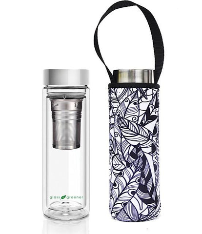 Glass is Greener double wall thermal tea flask + carry cover - 500 ml - Feather print